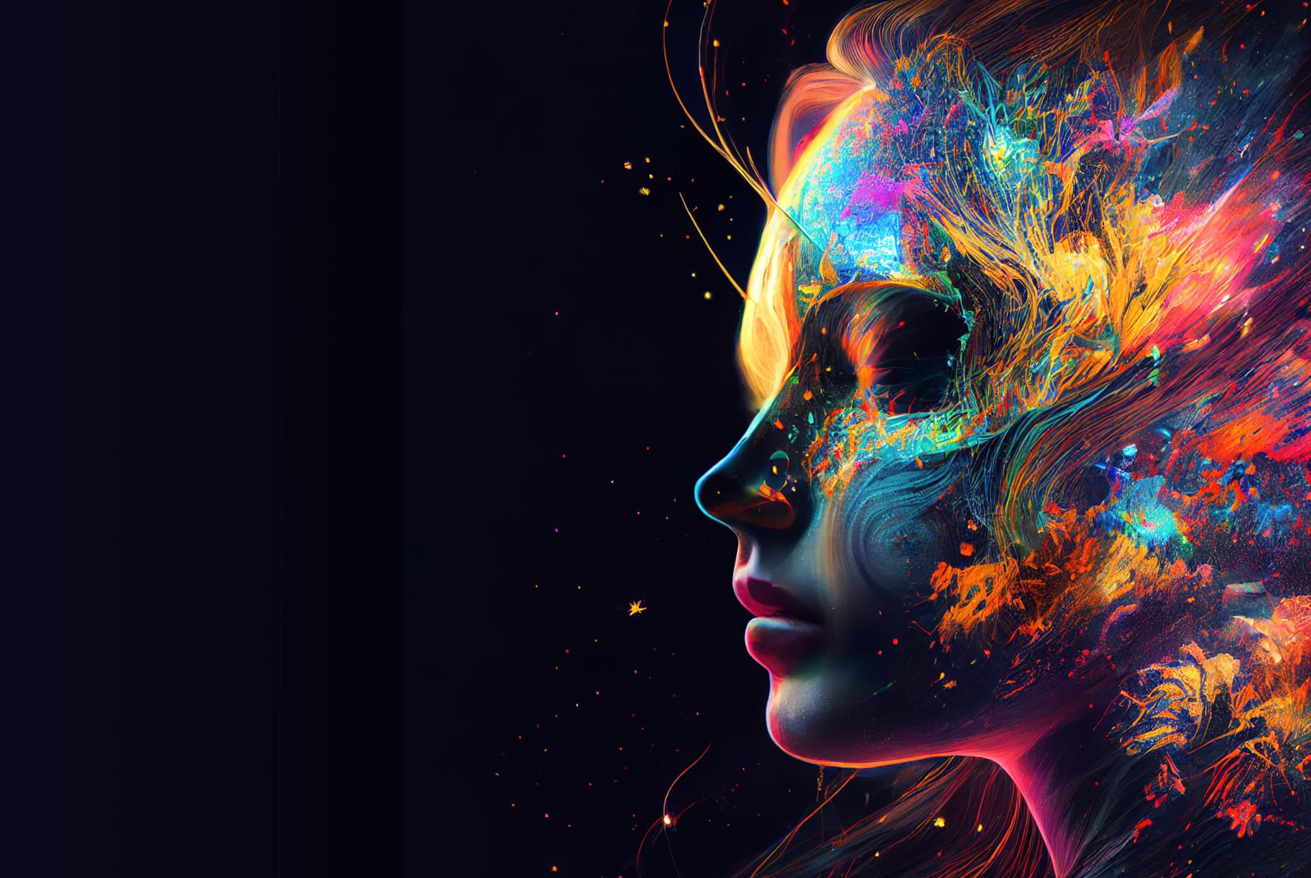カラフルな抽象アートを含む女性の頭部の AI 生成画像。